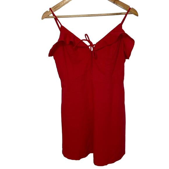 All in Favor Dresses & Skirts - All In Favor Red Mini Dress M Womens Sleeveles V Neck Tie Detail Linen Ruffle